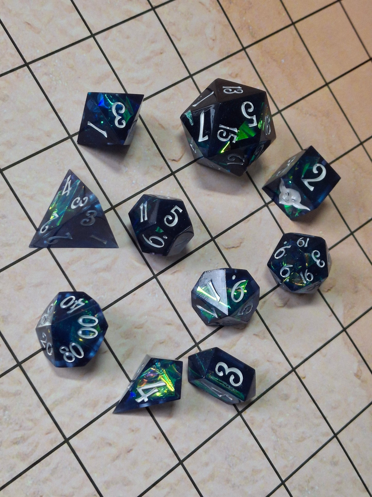 Midnight Blue Holographic Dice set of 10 Math Rocks Click Clacks for TTRPG DnD