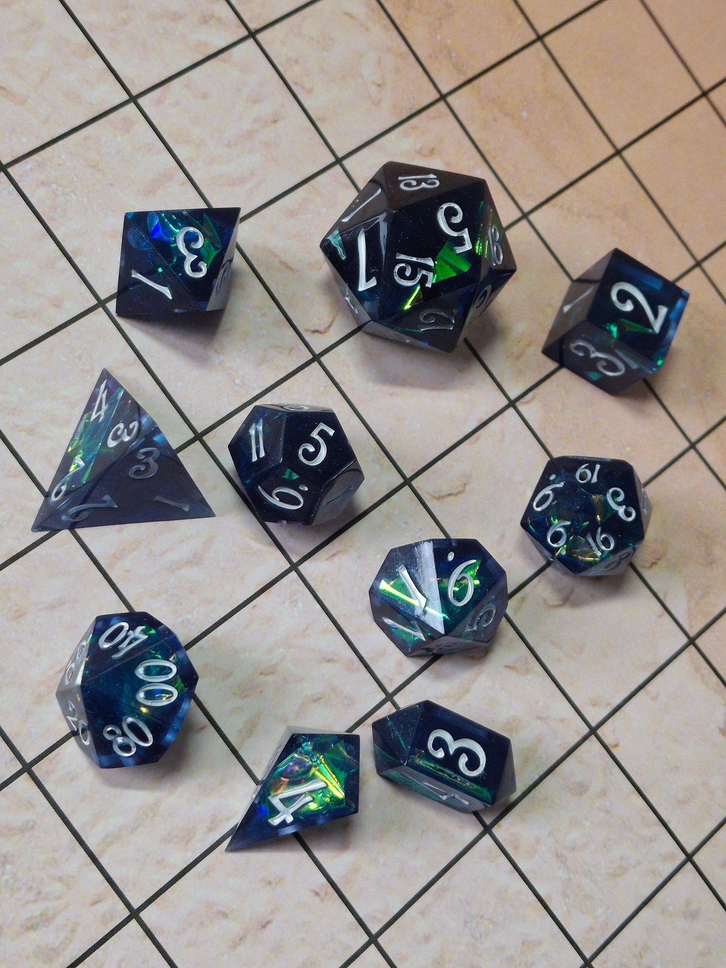 Midnight Blue Holographic Dice set of 10 Math Rocks Click Clacks for TTRPG DnD