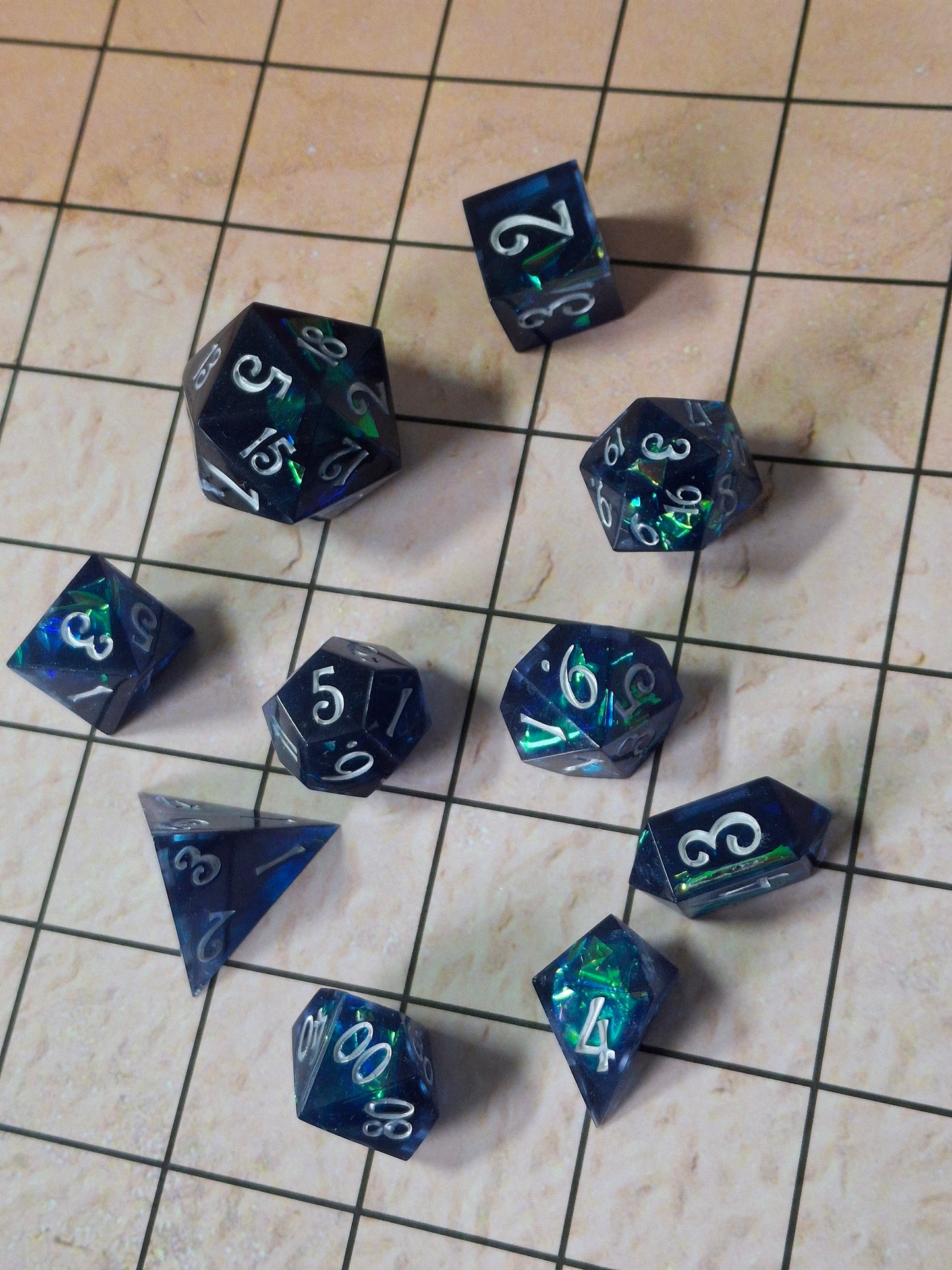 Midnight Blue Holographic Dice set of 10 Math Rocks Click Clacks for TTRPG DnD