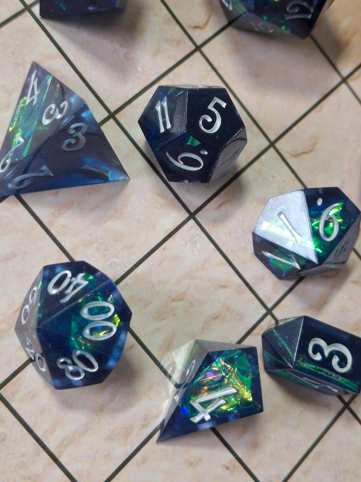 Midnight Blue Holographic Dice set of 10 Math Rocks Click Clacks for TTRPG DnD