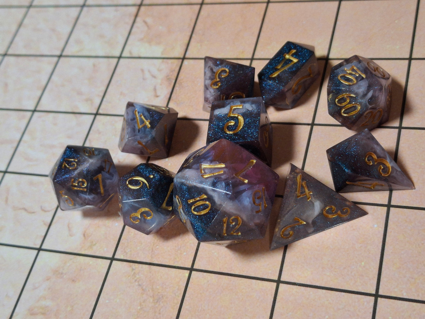 Light Galaxy Set of 10 Dice Math Rocks for TTRPG DnD Clickety Clacks