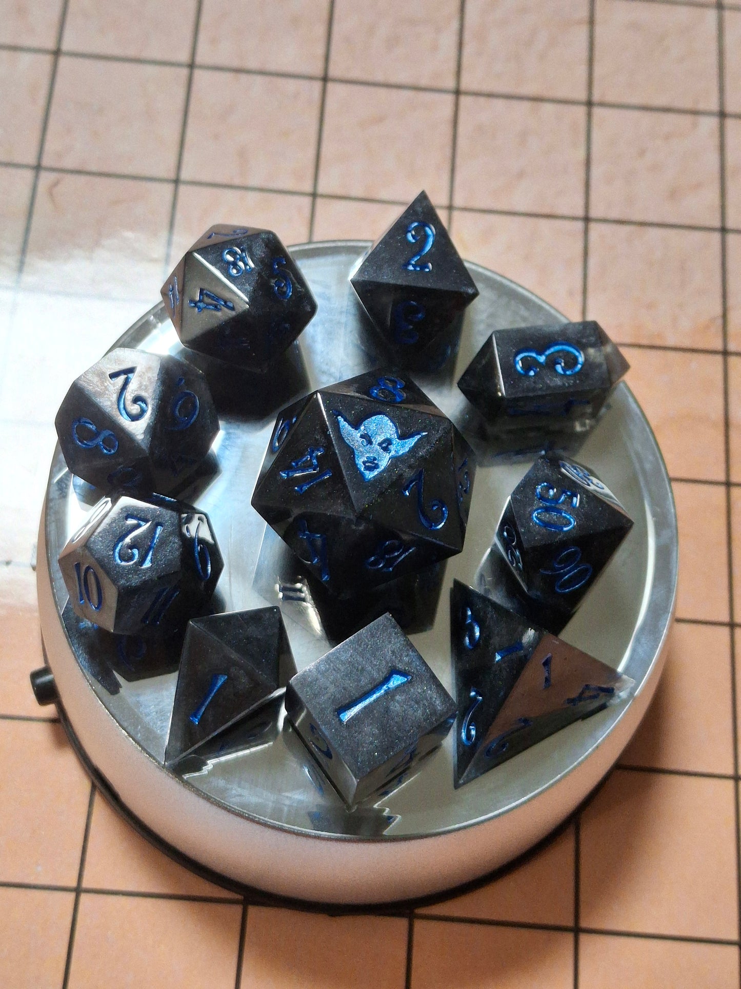 Blue Metalic Shadow Gray Sharp Edged 10 Dice Set of Math Rocks