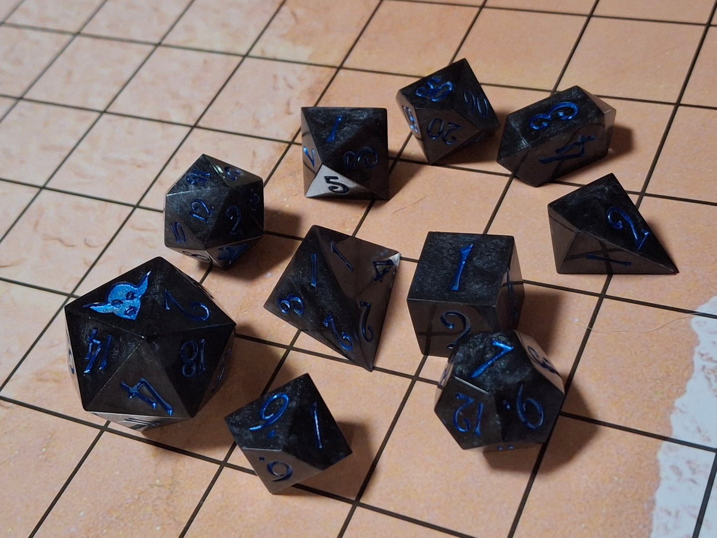 Blue Metalic Shadow Gray Sharp Edged 10 Dice Set of Math Rocks