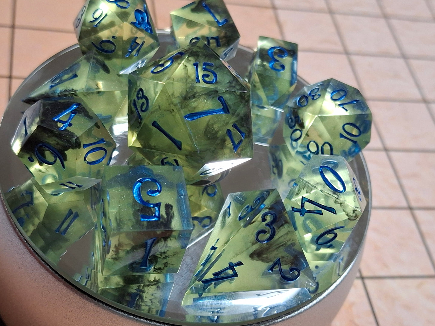 Yellow Black Lightening Electric Blue Hand Made Resin Sharp Sided Dice set of 10 Math Rocks for DnD