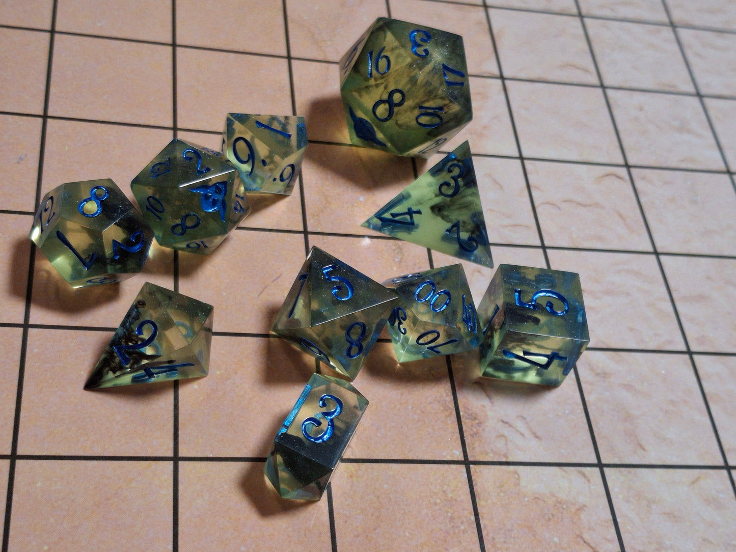 Yellow Black Lightening Electric Blue Hand Made Resin Sharp Sided Dice set of 10 Math Rocks for DnD