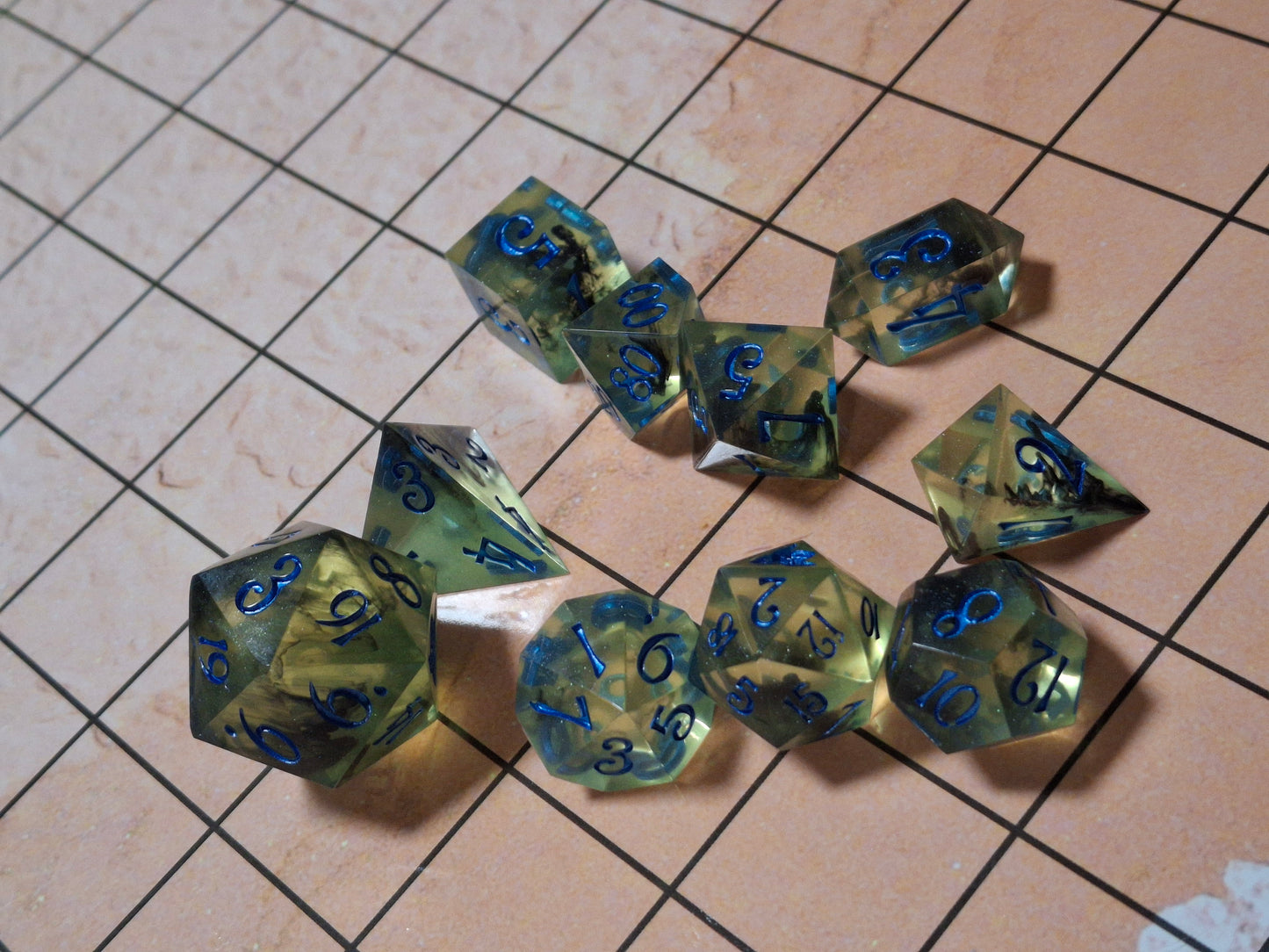 Yellow Black Lightening Electric Blue Hand Made Resin Sharp Sided Dice set of 10 Math Rocks for DnD