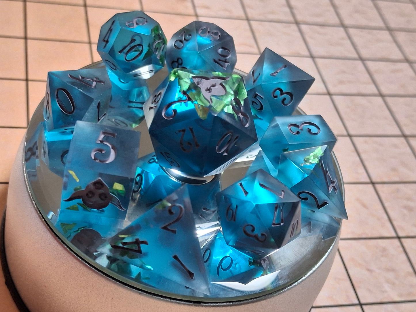 Blue Dice with Green Glitter Flakes Set of Dice 10 Clicky Clacks