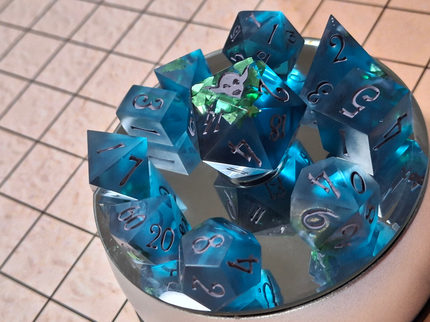 Blue Dice with Green Glitter Flakes Set of Dice 10 Clicky Clacks