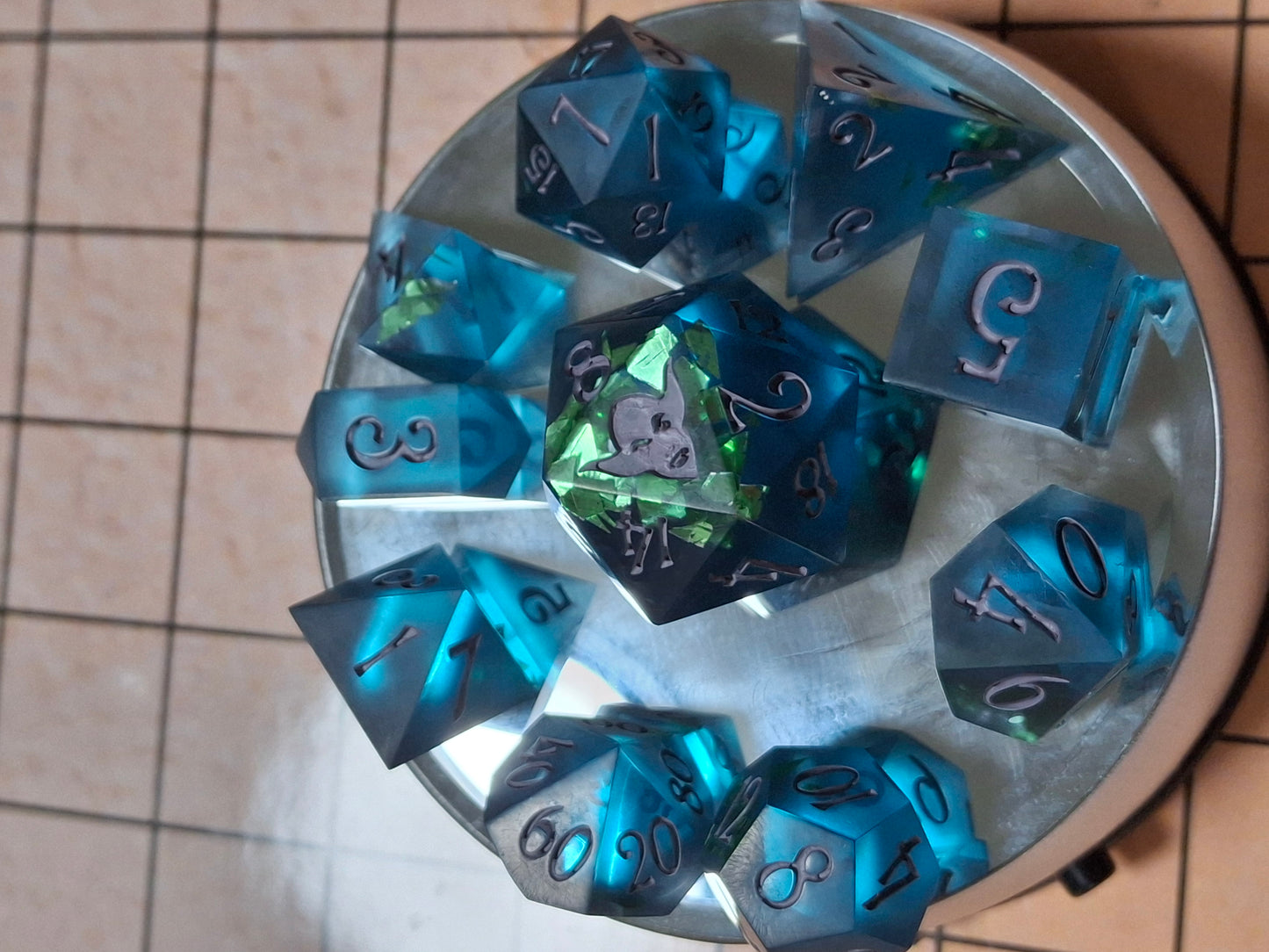 Blue Dice with Green Glitter Flakes Set of Dice 10 Clicky Clacks