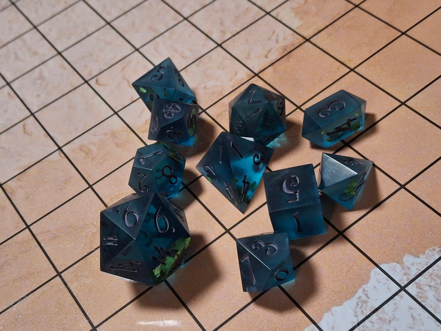 Blue Dice with Green Glitter Flakes Set of Dice 10 Clicky Clacks