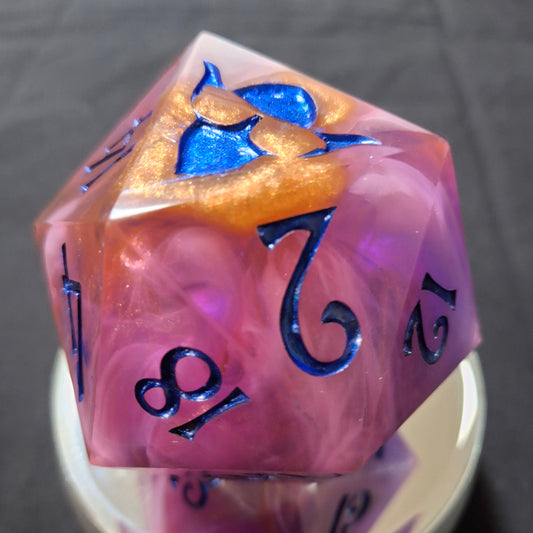 78mm Handmade Chonk D20 – Sunset Swirl Sharp-Edged Dice in Purple & Orange with TurboDork Ink