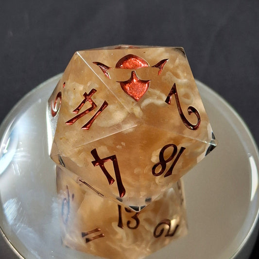 55mm Ramen Noodle Chonk D20 – Handmade Sharp-Edged Dice with Real Beef Ramen & TurboDork Redrum Ink
