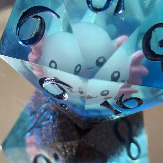 55mm Aqua Blue Chonk D20 with Axolotl Mini – Handmade Sharp-Edged Dice with Underwater Scene