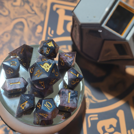 Gold Galaxy Dice set of 10 Math Rocks w XL D20 for DnD TTRPG