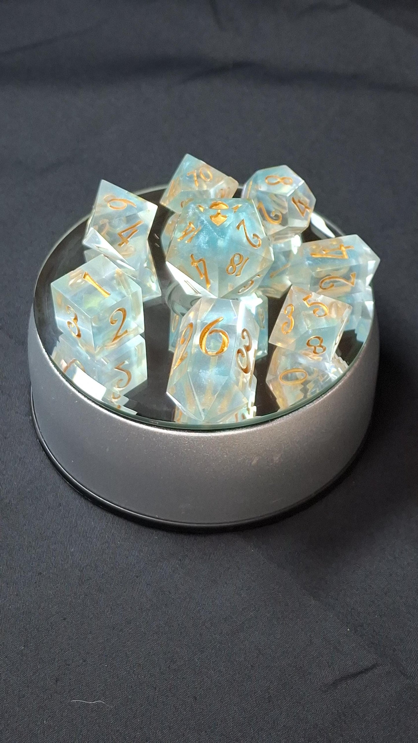 Dice Set | Aqua Shimmer Set of 8 | Hand Made Resin Dice | TTRPG | DnD | Dungeons and Dragons | Sharp Sided Dice