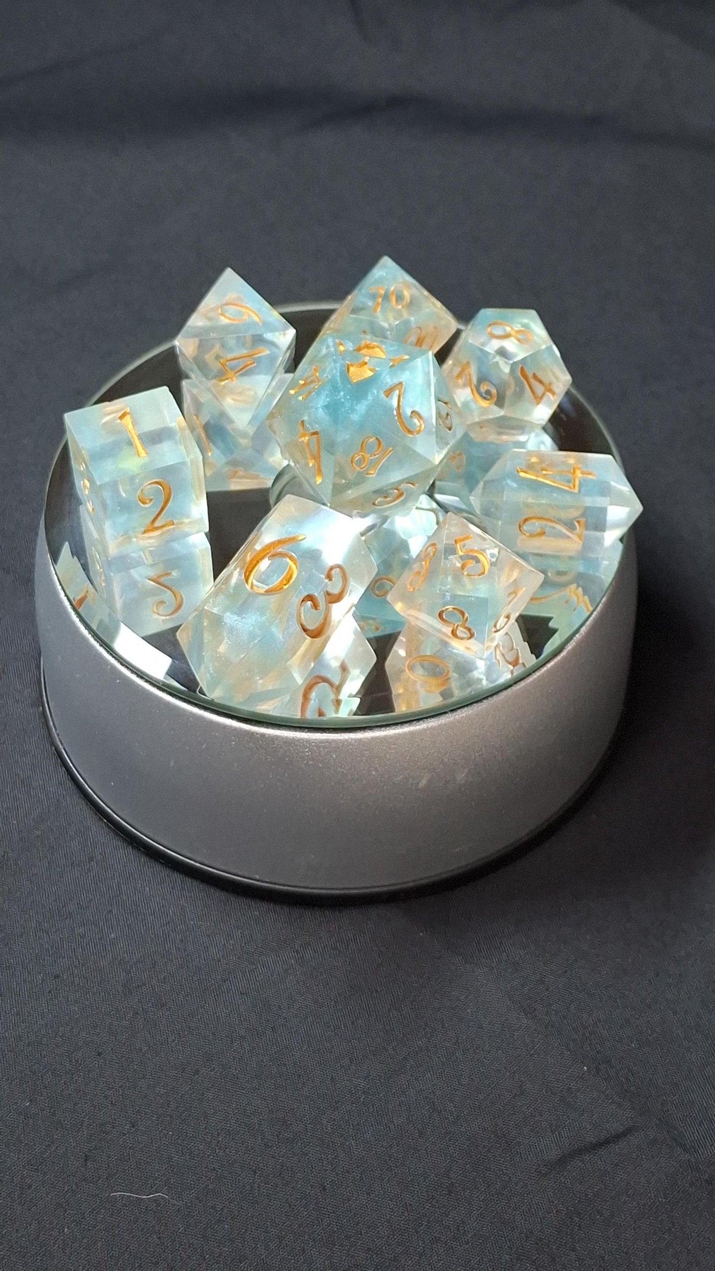 Dice Set | Aqua Shimmer Set of 8 | Hand Made Resin Dice | TTRPG | DnD | Dungeons and Dragons | Sharp Sided Dice