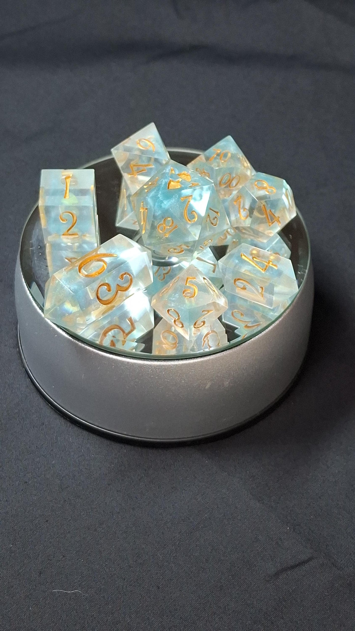 Dice Set | Aqua Shimmer Set of 8 | Hand Made Resin Dice | TTRPG | DnD | Dungeons and Dragons | Sharp Sided Dice