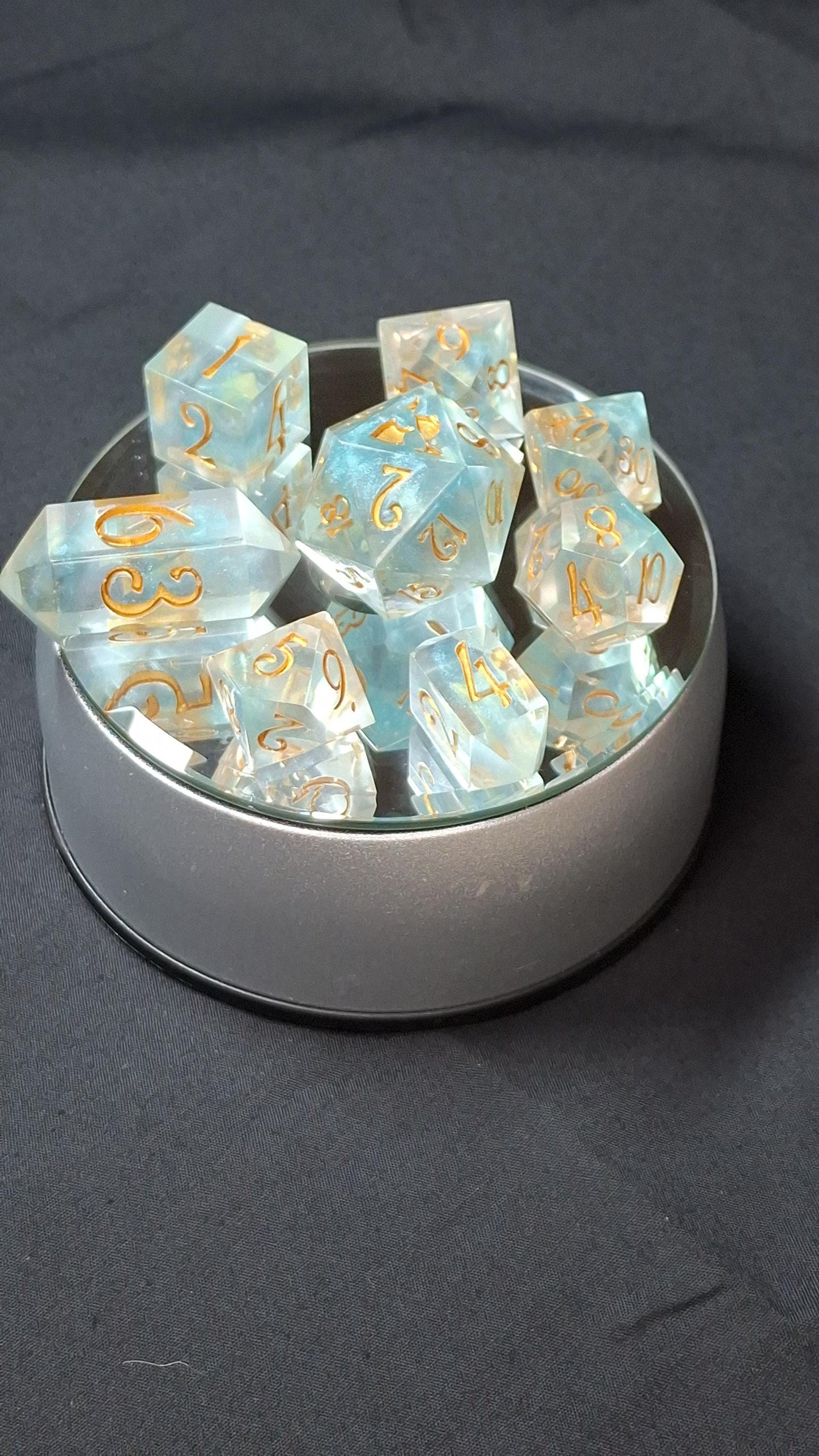 Dice Set | Aqua Shimmer Set of 8 | Hand Made Resin Dice | TTRPG | DnD | Dungeons and Dragons | Sharp Sided Dice