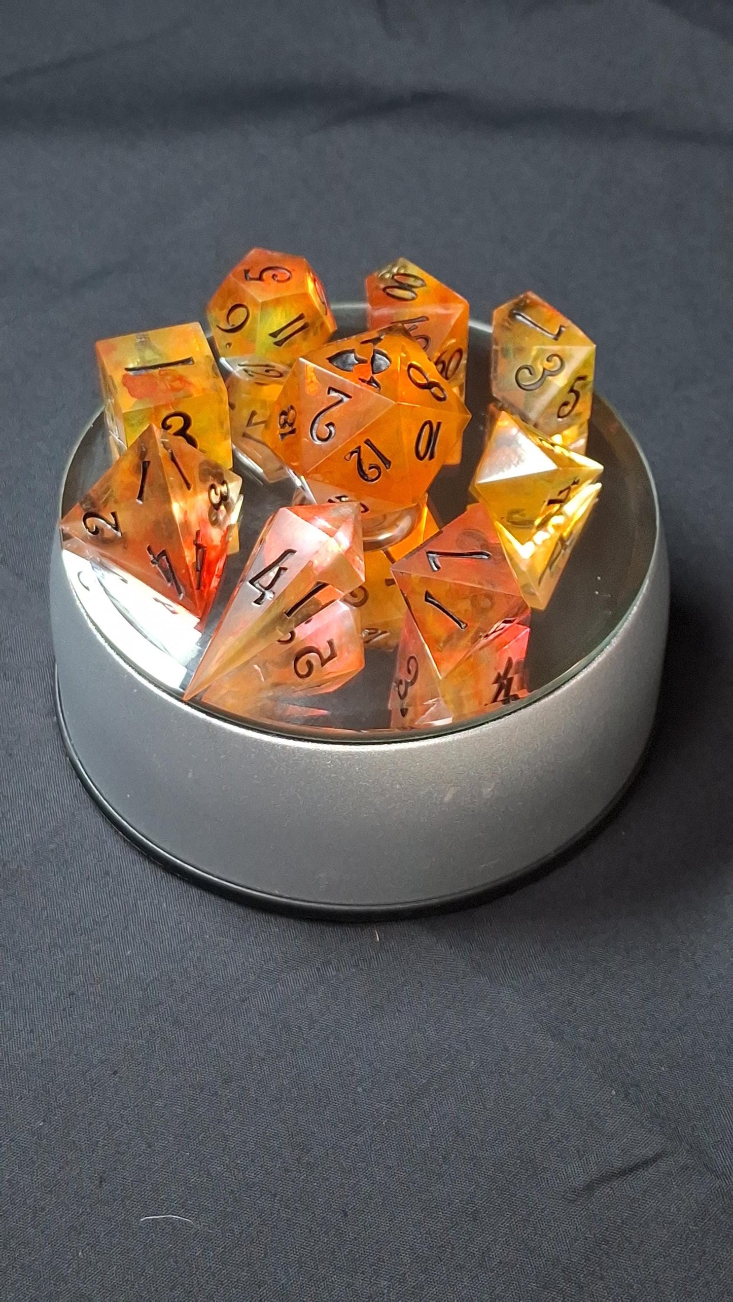 Infernal Flames | Set of 9 Dice | Dnd Dice | TTRPG Set | Tabletop Gaming | Dungeons and Dragons | Pathfinder | Hand Made Sharp Sided Dice