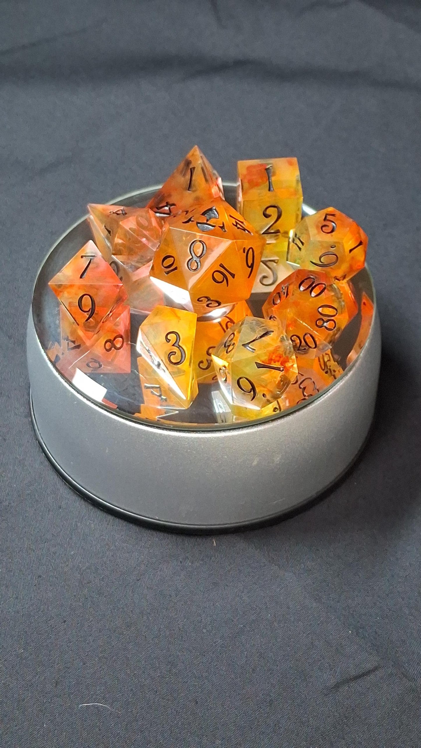 Infernal Flames | Set of 9 Dice | Dnd Dice | TTRPG Set | Tabletop Gaming | Dungeons and Dragons | Pathfinder | Hand Made Sharp Sided Dice