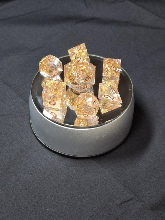 Crystal Gold | Set of 7 Dice | Dnd Dice | TTRPG Dice Set | Tabletop Gaming | Dungeons and Dragons | Pathfinder | Hand Made Sharp Sided Dice