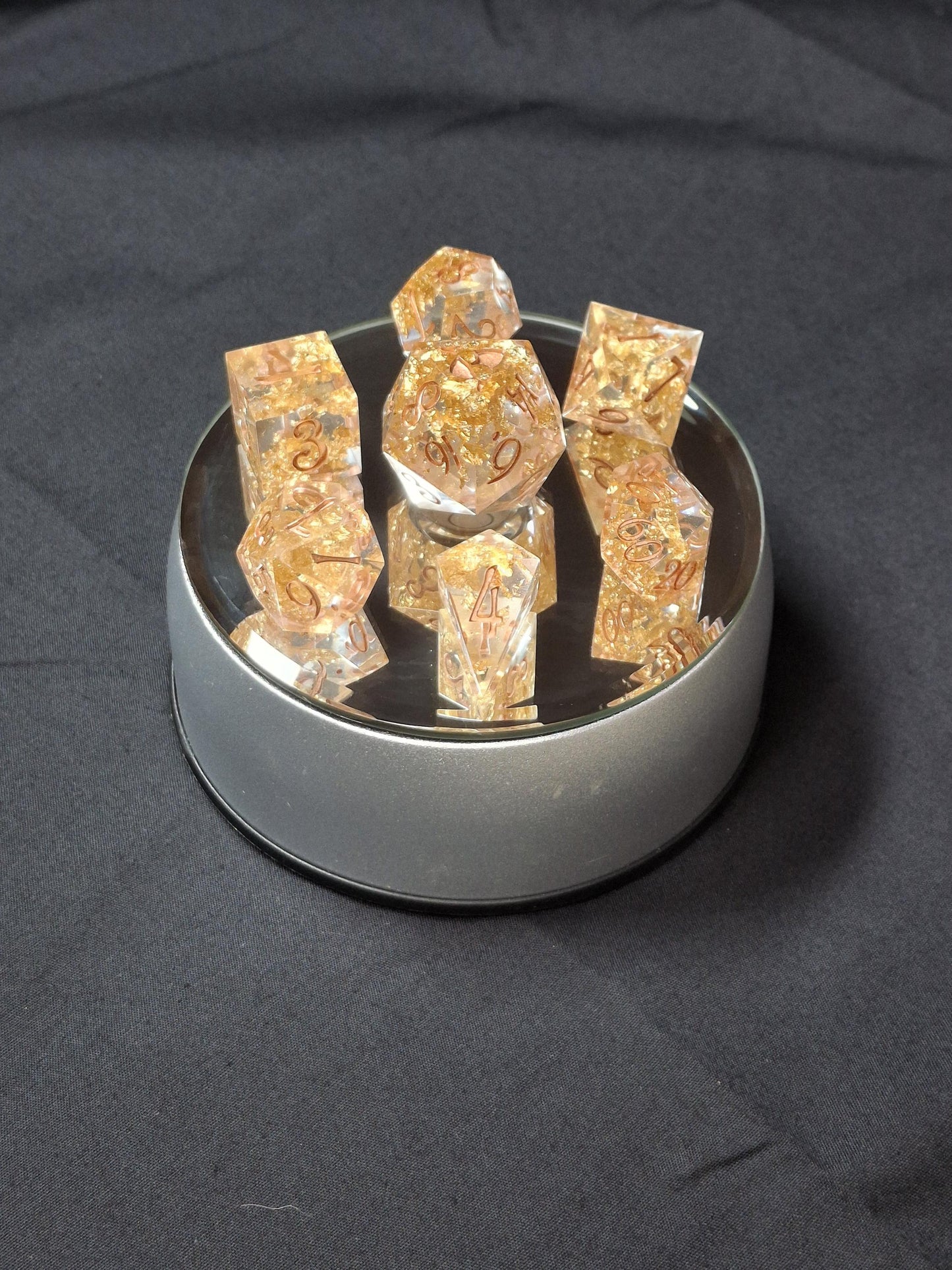 Crystal Gold | Set of 7 Dice | Dnd Dice | TTRPG Dice Set | Tabletop Gaming | Dungeons and Dragons | Pathfinder | Hand Made Sharp Sided Dice