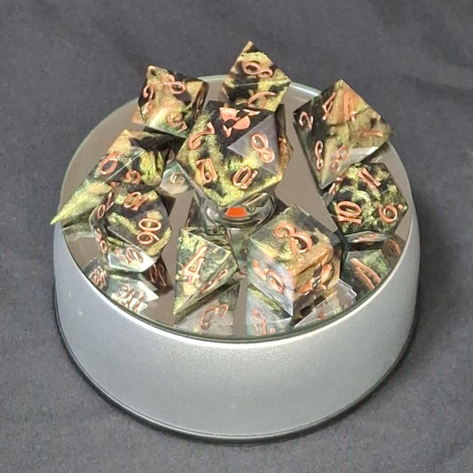 Chameleon Micca Dice | Dirty Pour Sharp Sided Dice | Set of 9 Dice | Crystal Dice | Pendant Dice | DnD | Dungeons and Dragons | Pathfinder