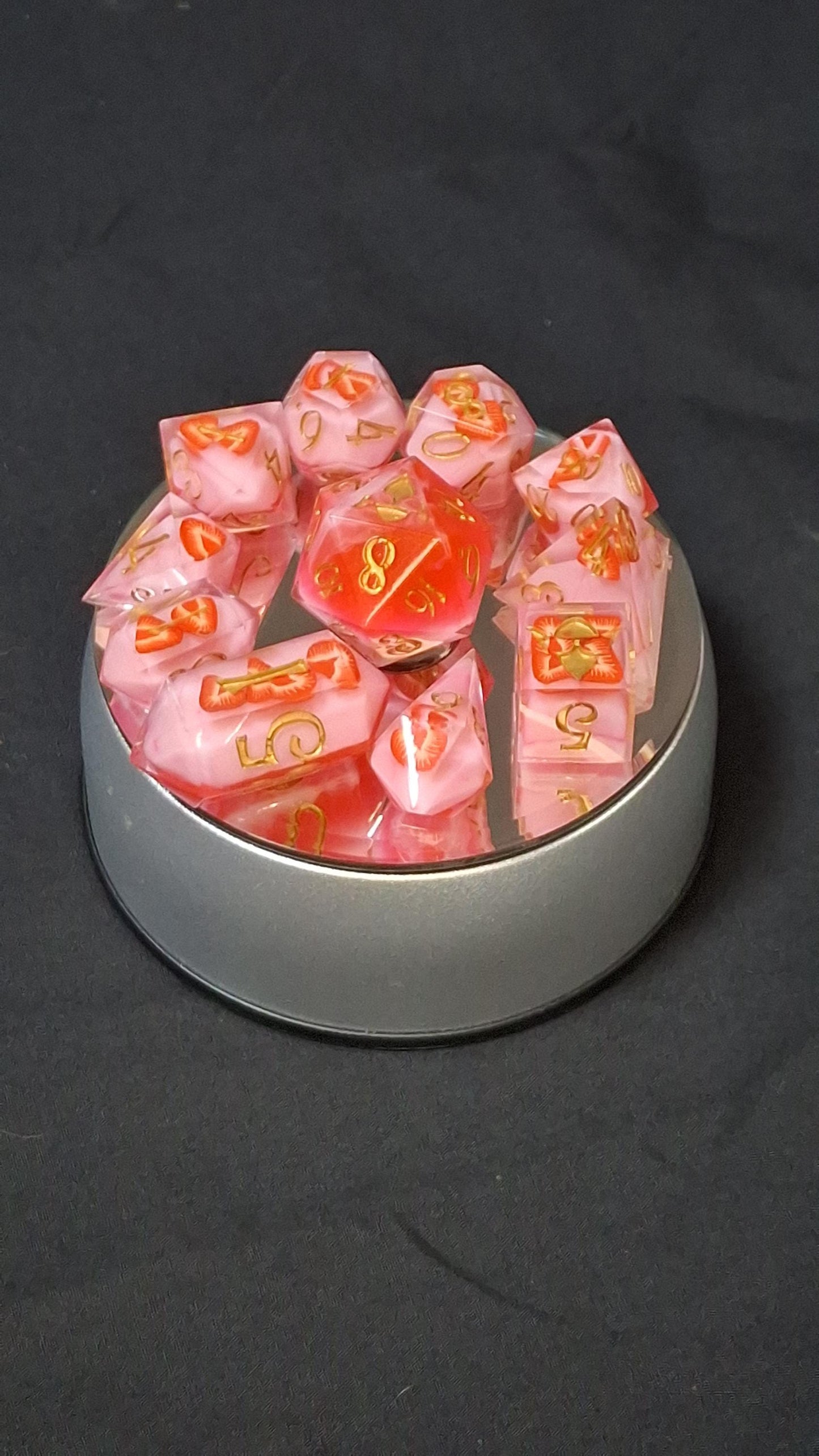 Strawberries and Cream Dice | Handmade Resin Dice | Sharp Sided TTRPG Dice | DnD Dungeons and Dragons | RPG | Barrel D4 D6 | 11 Dice