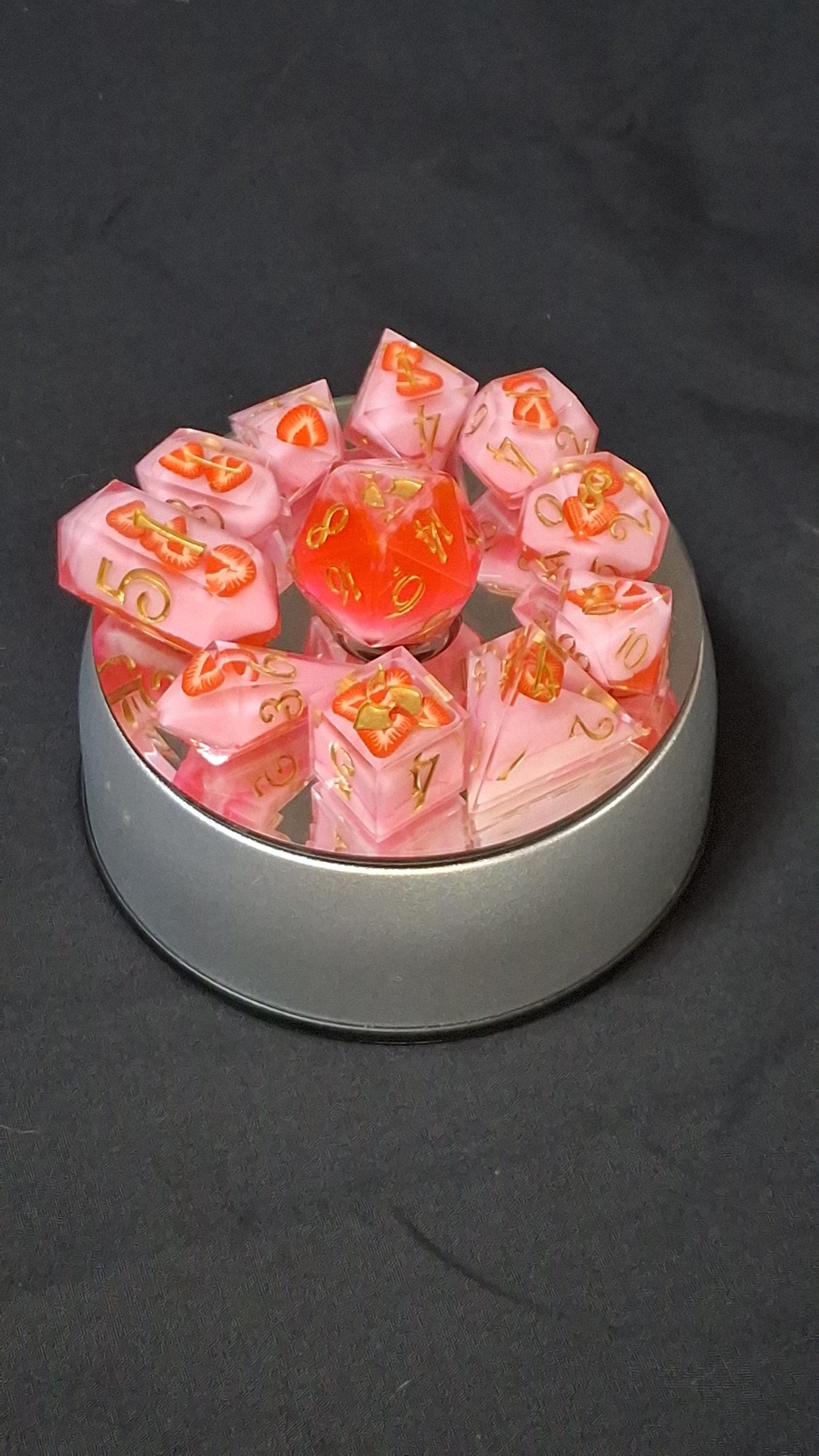 Strawberries and Cream Dice | Handmade Resin Dice | Sharp Sided TTRPG Dice | DnD Dungeons and Dragons | RPG | Barrel D4 D6 | 11 Dice