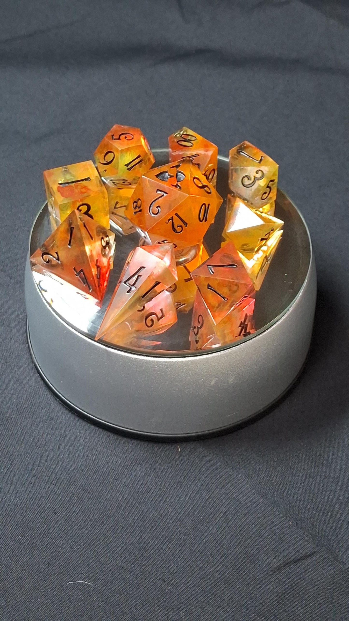 Infernal Flames | Set of 9 Dice | Dnd Dice | TTRPG Set | Tabletop Gaming | Dungeons and Dragons | Pathfinder | Hand Made Sharp Sided Dice