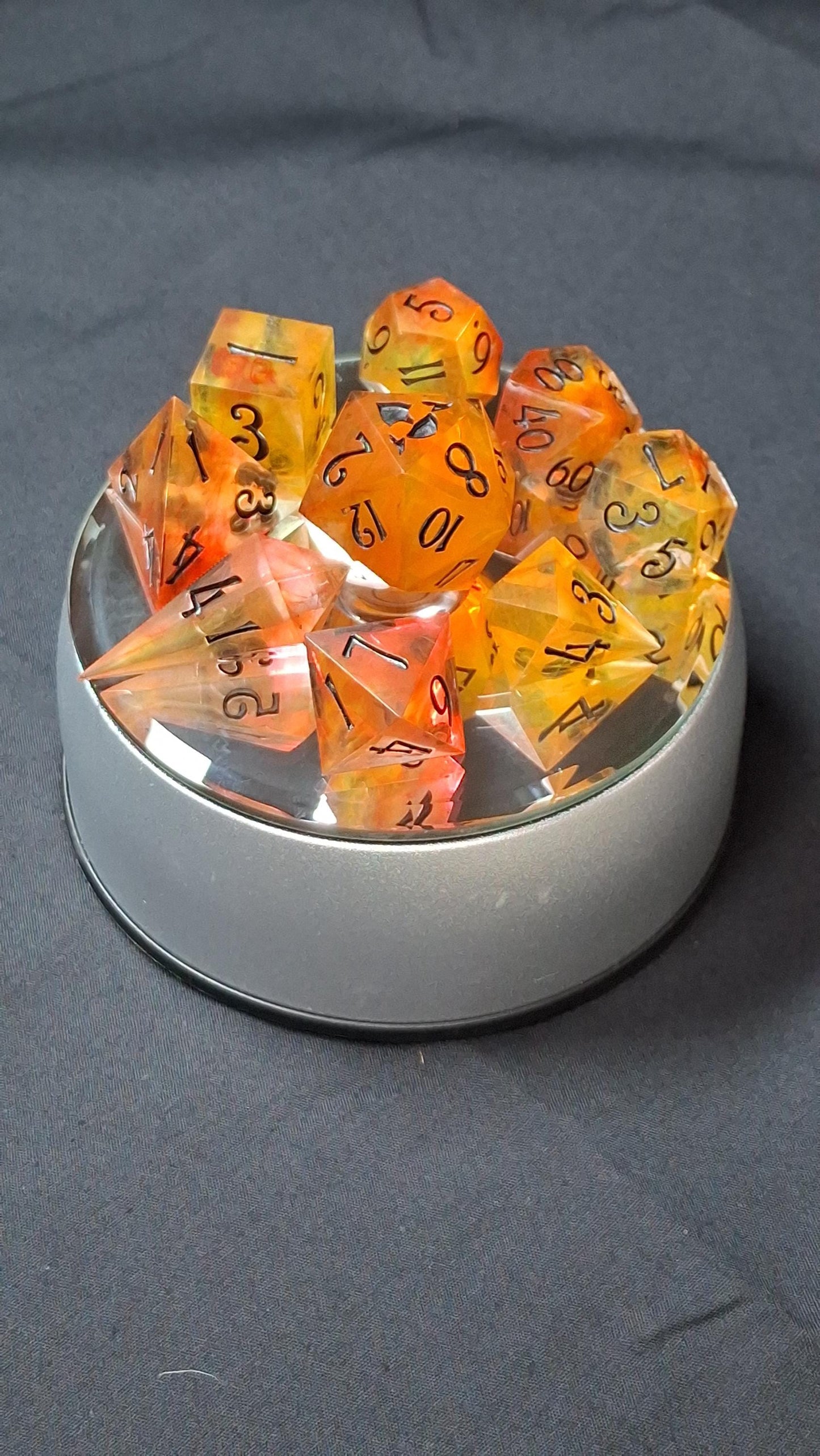 Infernal Flames | Set of 9 Dice | Dnd Dice | TTRPG Set | Tabletop Gaming | Dungeons and Dragons | Pathfinder | Hand Made Sharp Sided Dice