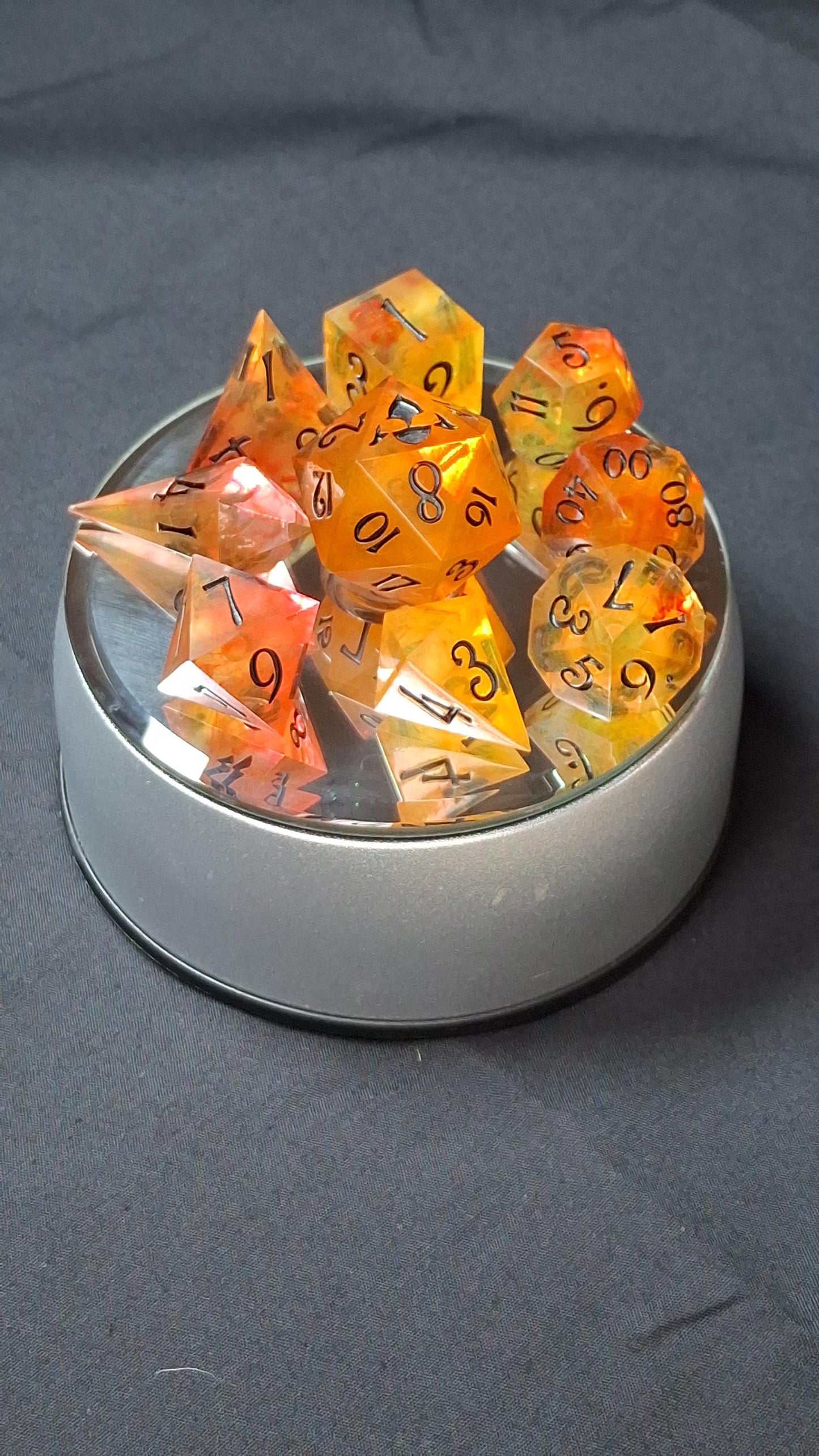 Infernal Flames | Set of 9 Dice | Dnd Dice | TTRPG Set | Tabletop Gaming | Dungeons and Dragons | Pathfinder | Hand Made Sharp Sided Dice