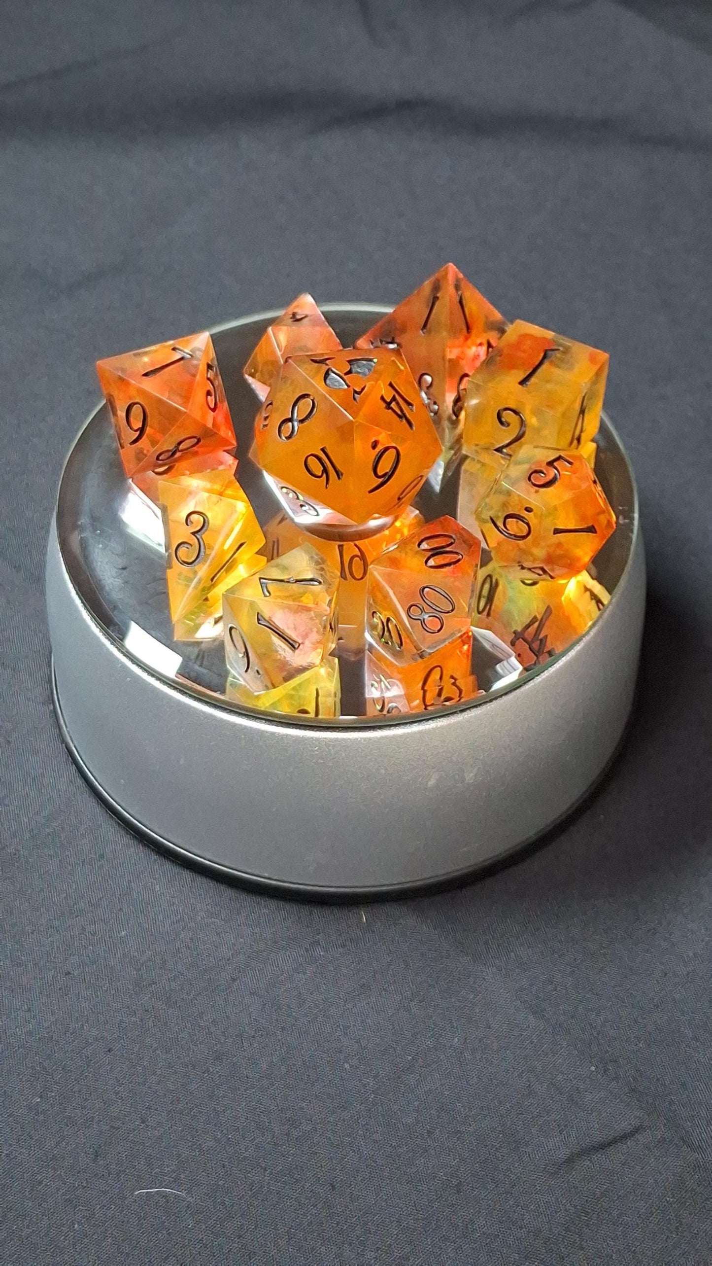 Infernal Flames | Set of 9 Dice | Dnd Dice | TTRPG Set | Tabletop Gaming | Dungeons and Dragons | Pathfinder | Hand Made Sharp Sided Dice