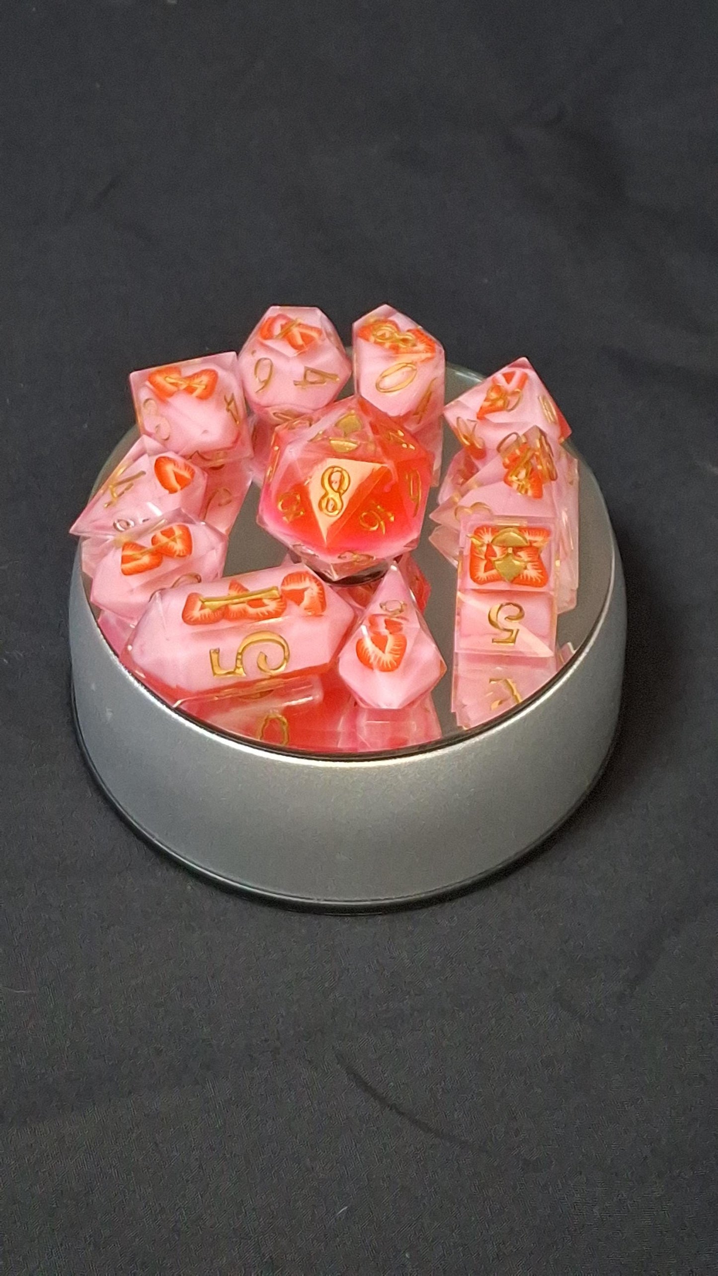 Strawberries and Cream Dice | Handmade Resin Dice | Sharp Sided TTRPG Dice | DnD Dungeons and Dragons | RPG | Barrel D4 D6 | 11 Dice